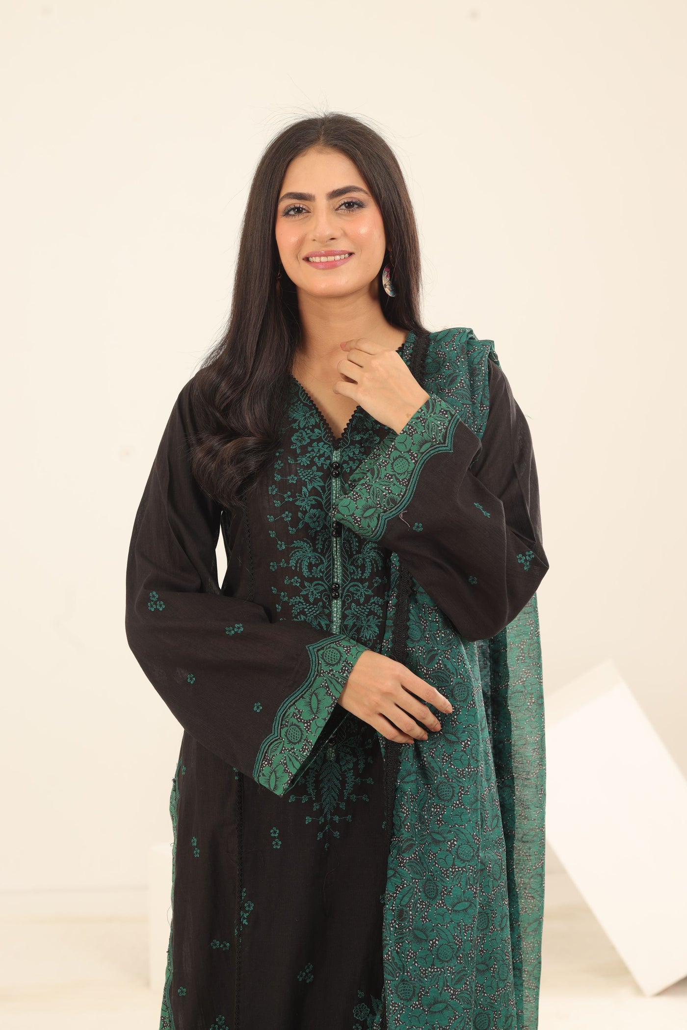 Black Embroidered Fine Slub 3 Piece Suit - Jazmin