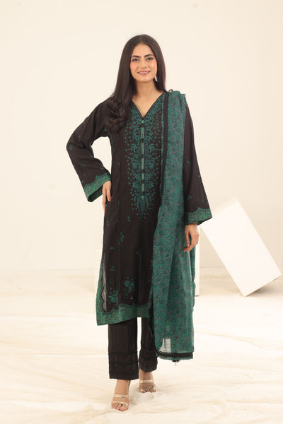 Black Embroidered Fine Slub 3 Piece Suit - Jazmin