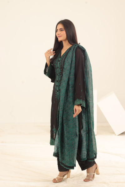 Black Embroidered Fine Slub 3 Piece Suit - Jazmin