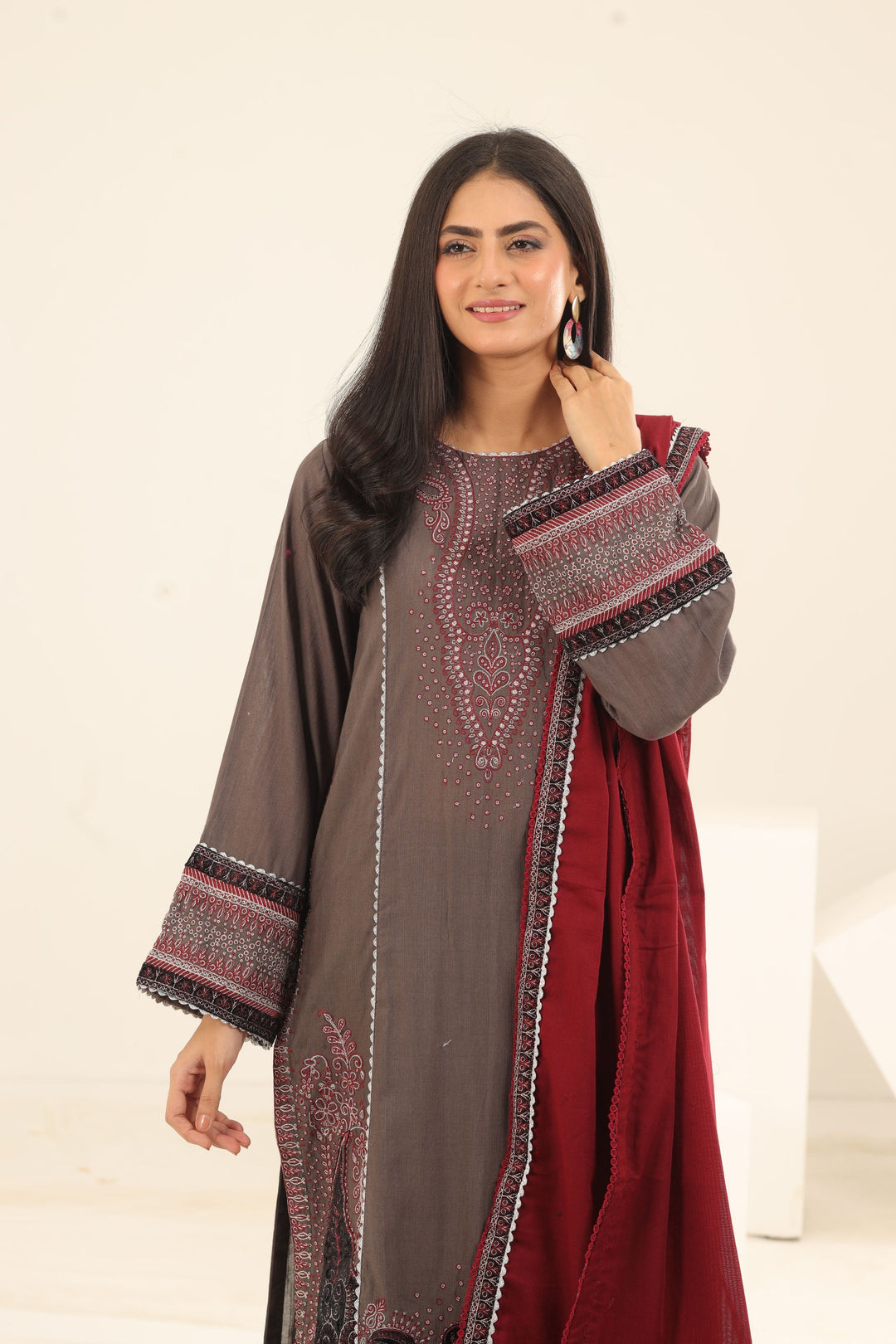 Purple Embroidered Fine Slub 3 Piece Suit - Jazmin