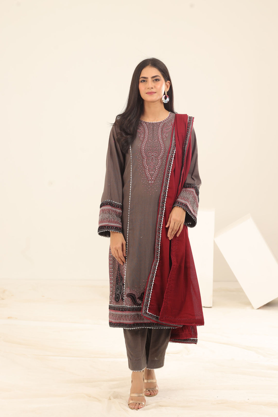 Purple Embroidered Fine Slub 3 Piece Suit - Jazmin