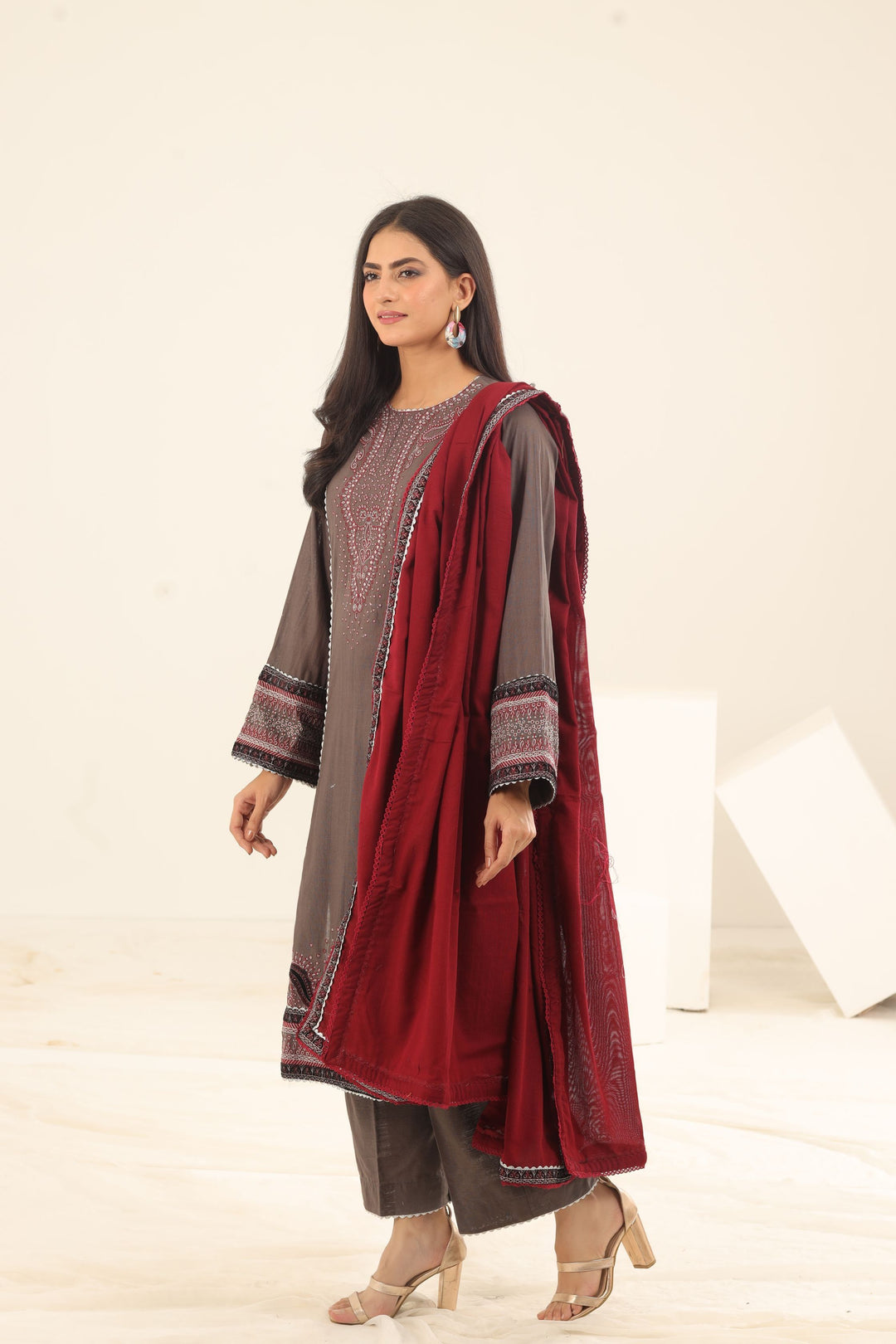 Purple Embroidered Fine Slub 3 Piece Suit - Jazmin