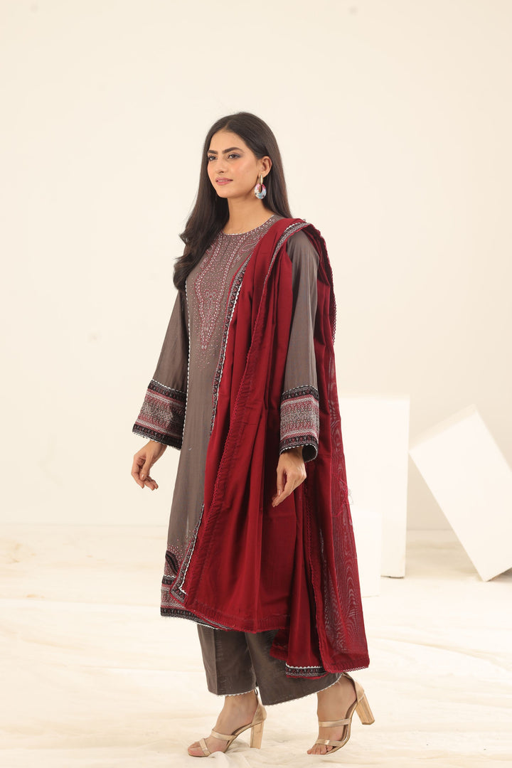 Purple Embroidered Fine Slub 3 Piece Suit - Jazmin