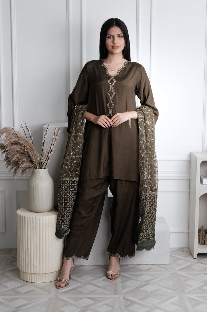 Embroidered Raw Silk Green Stitched Suit - Charizma