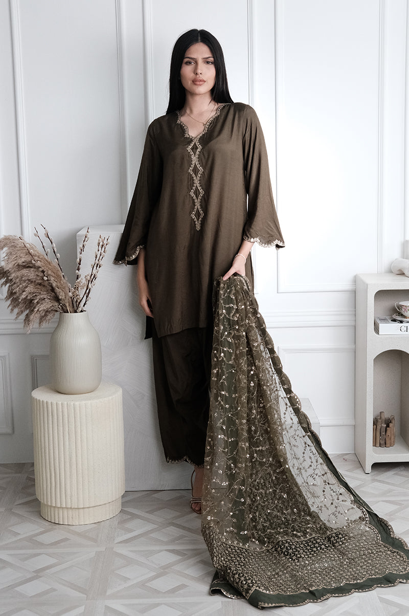 Embroidered Raw Silk Green Stitched Suit - Charizma