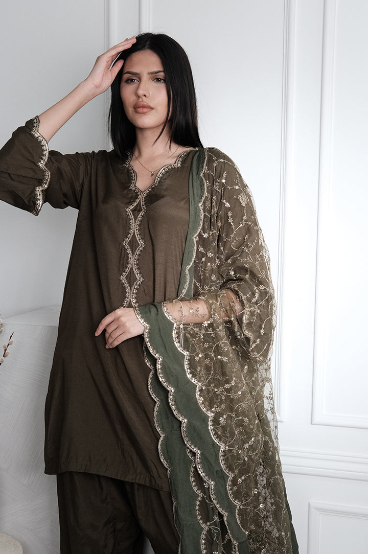 Embroidered Raw Silk Green Stitched Suit - Charizma
