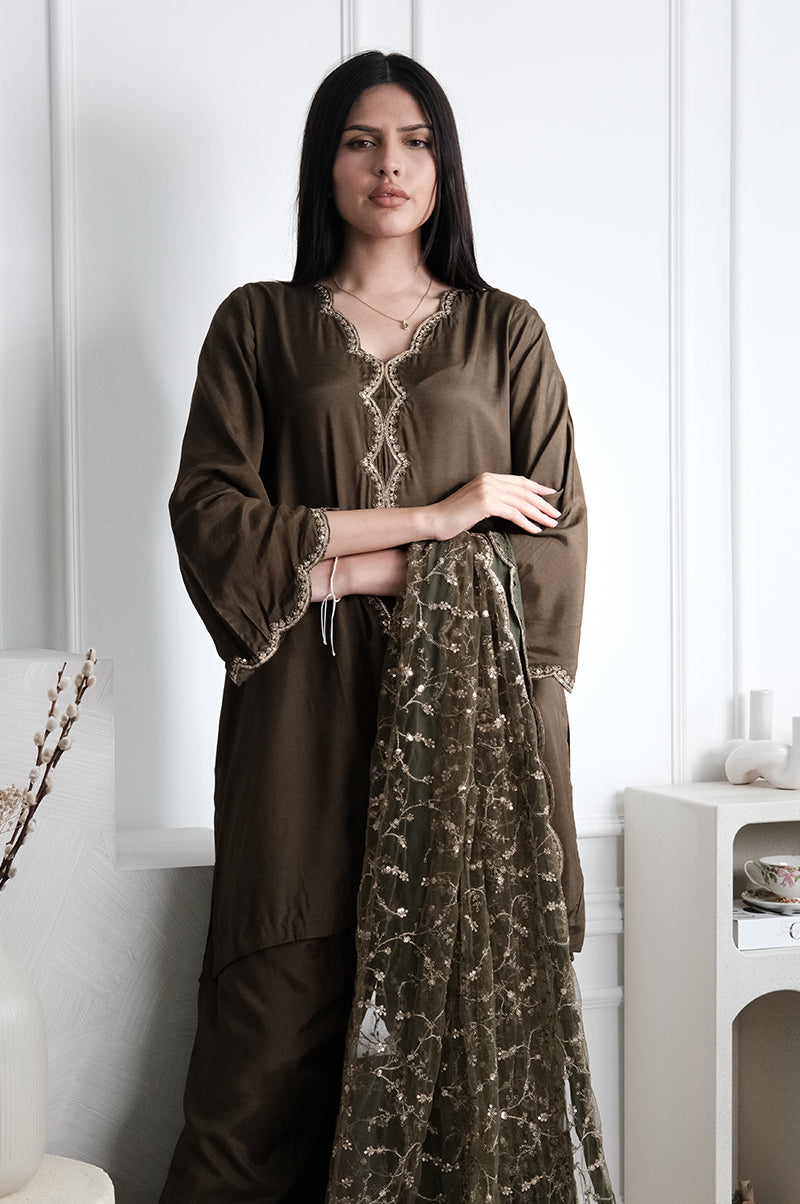 Embroidered Raw Silk Green Stitched Suit - Charizma