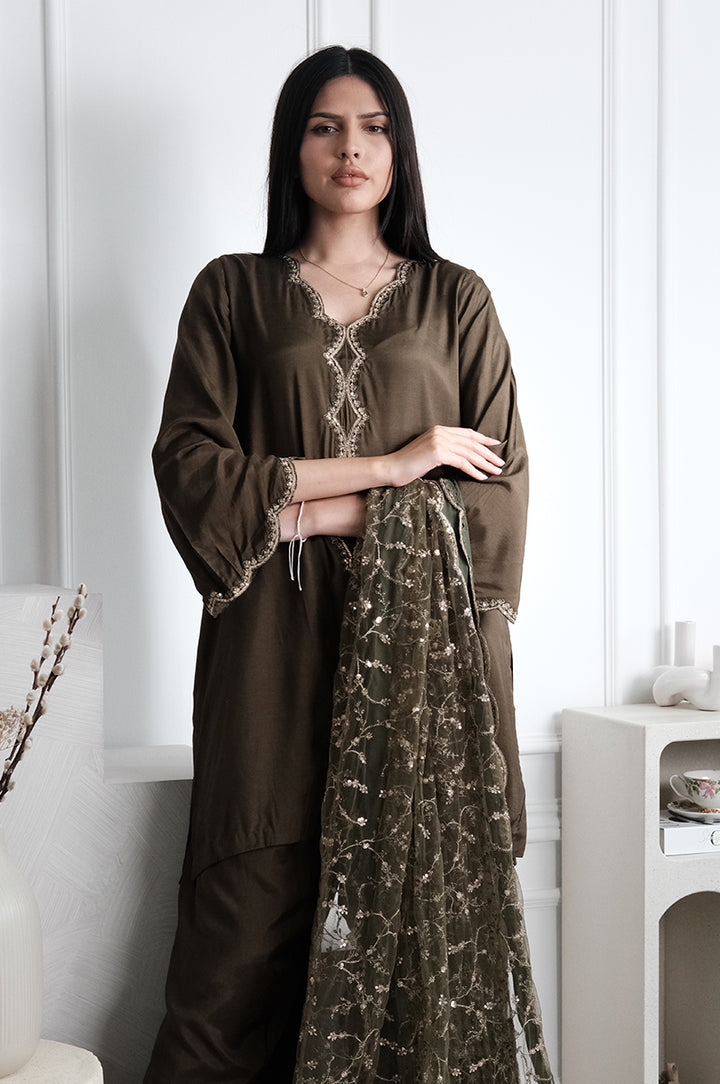 Embroidered Raw Silk Green Stitched Suit - Charizma