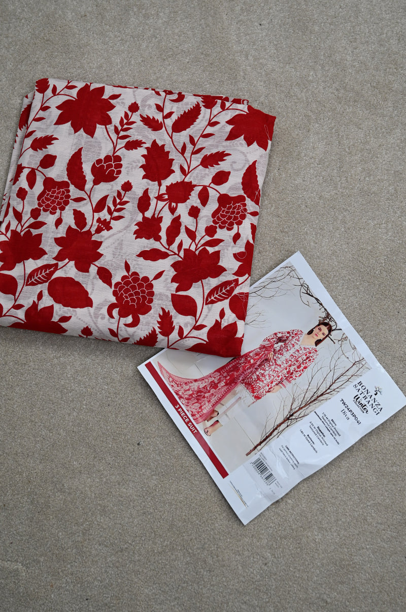 Printed Textured Cambric White Unstitched Suit - Bonanza