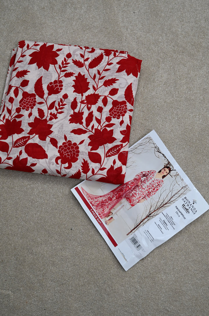 Printed Textured Cambric White Unstitched Suit - Bonanza