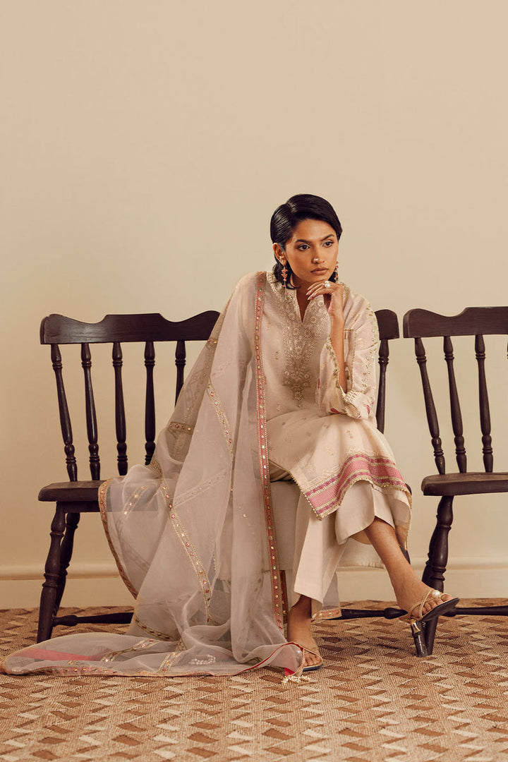 Cotton Brosha, Raw Silk & Organza Off White Stitched Suit - Vanya