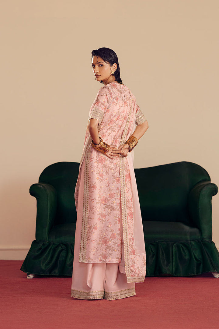 Cotton Brosha, Raw Silk & Chiffon Peach Stitched Suit - Vanya