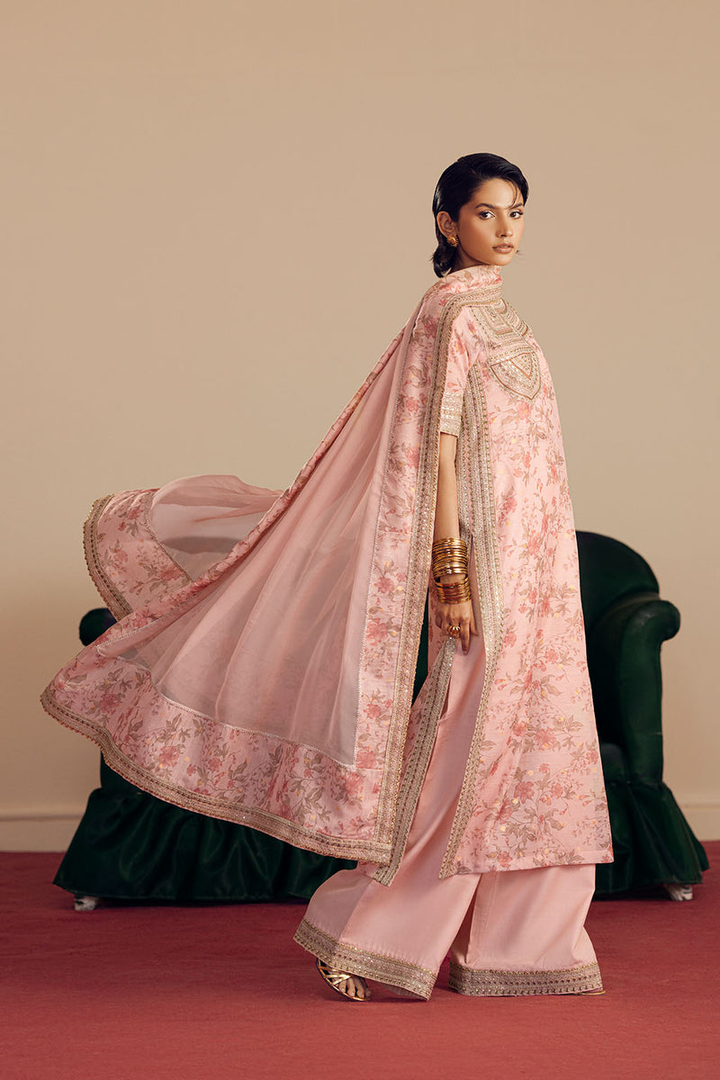 Cotton Brosha, Raw Silk & Chiffon Peach Stitched Suit - Vanya