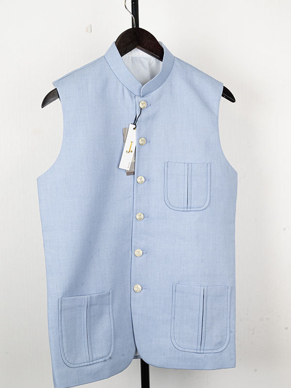 Blended Sky Blue Waist Coat - J. Junaid Jamshed