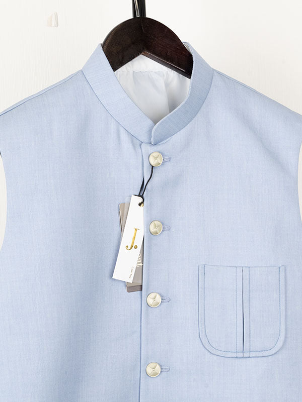 Blended Sky Blue Waist Coat - J. Junaid Jamshed