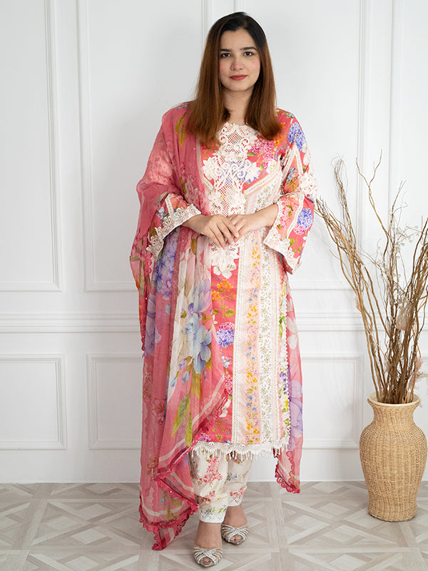 Embroidered Organza Pink & White Stitched Suit - Maria B Luxury Lawn