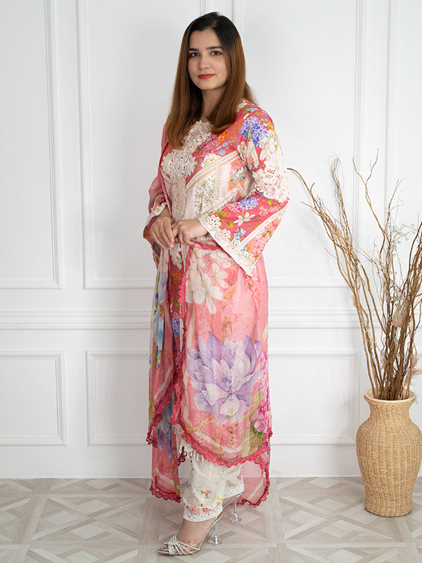 Embroidered Organza Pink & White Stitched Suit - Maria B Luxury Lawn