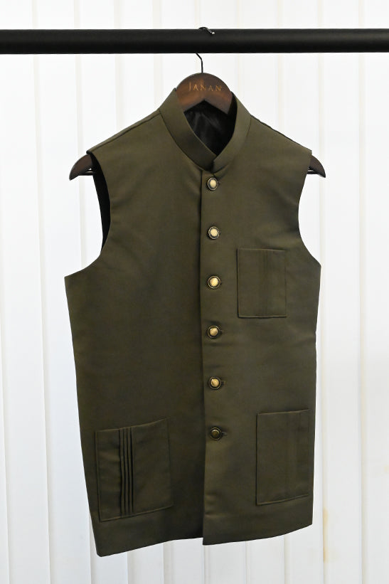 Suiting Olive Green Waist Coat - J. Junaid Jamshed