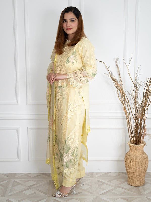 Printed Lawn White & Yellow Stitched Suit - Maria B M Prints