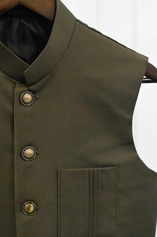 Suiting Olive Green Waist Coat - J. Junaid Jamshed