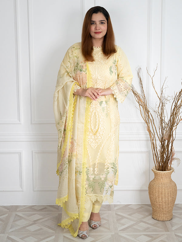 Printed Lawn White & Yellow Stitched Suit - Maria B M Prints
