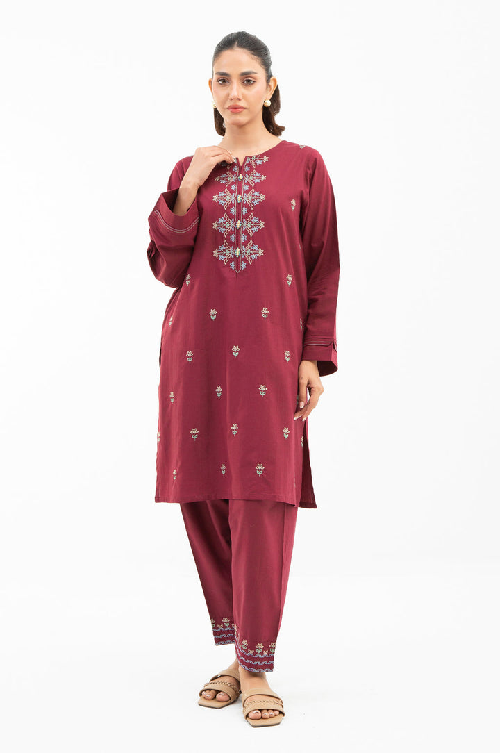 Cotton Viscose Maroon Stitched Suit - Zeen