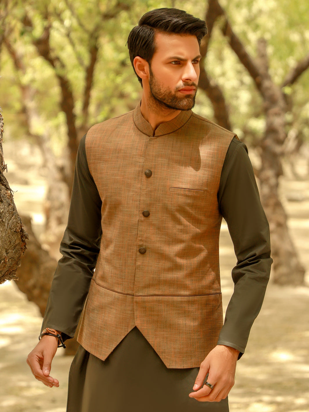 Cotton Khaki Waist Coat - Almirah