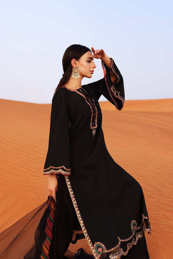 Embroidered Raw Silk Black Stitched Suit - Charizma