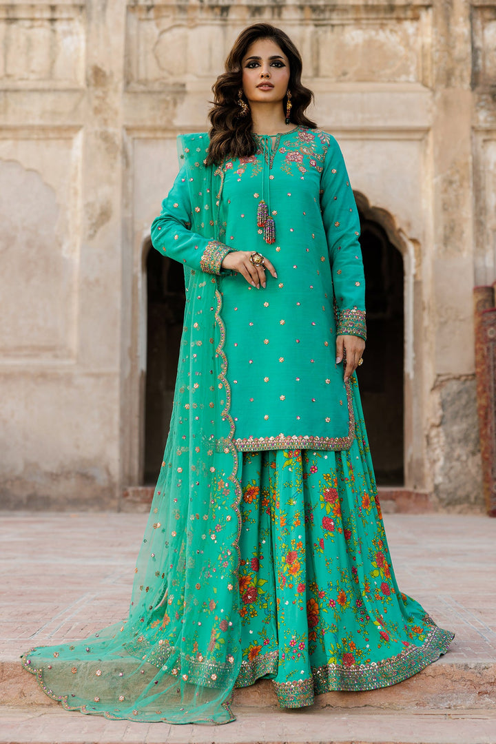 Embroidered Raw Silk Green Stitched Suit - Charizma