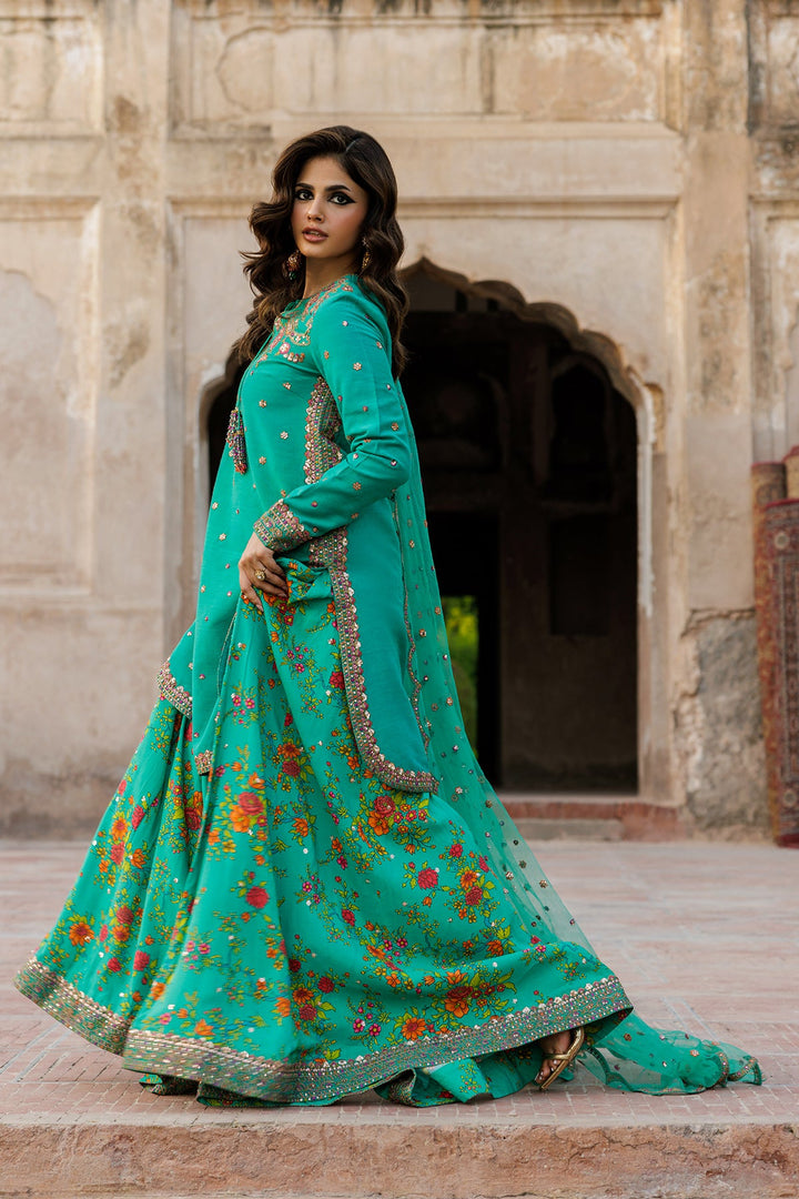 Embroidered Raw Silk Green Stitched Suit - Charizma
