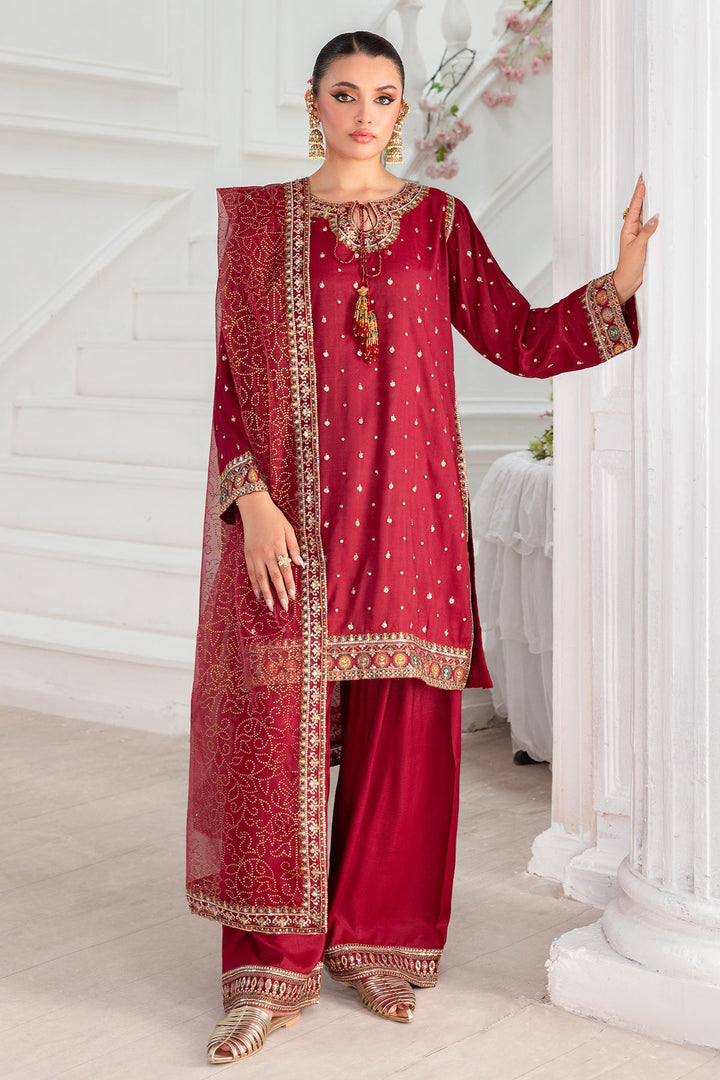 Embroidered Raw Silk Maroon Stitched Suit - Charizma