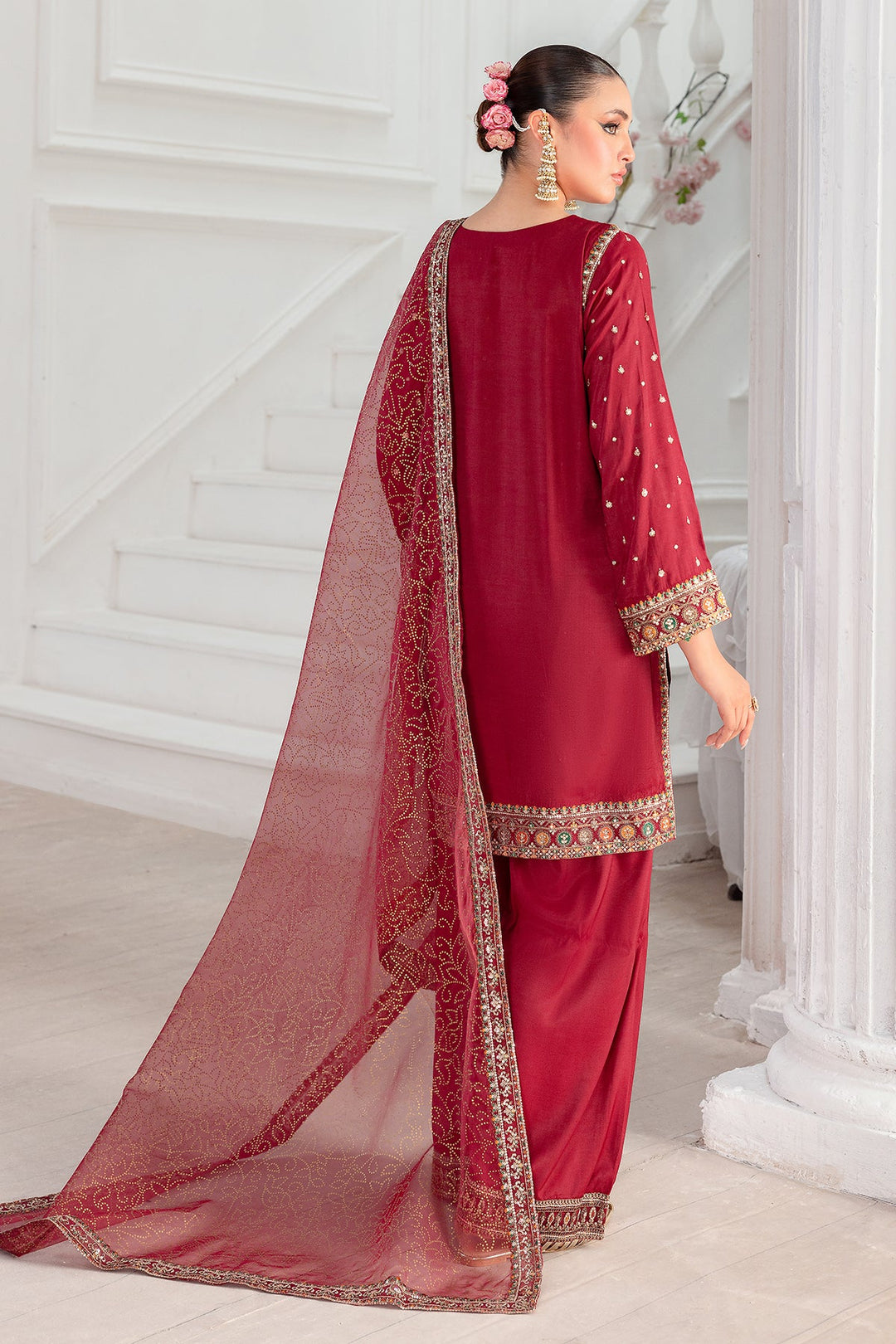 Embroidered Raw Silk Maroon Stitched Suit - Charizma