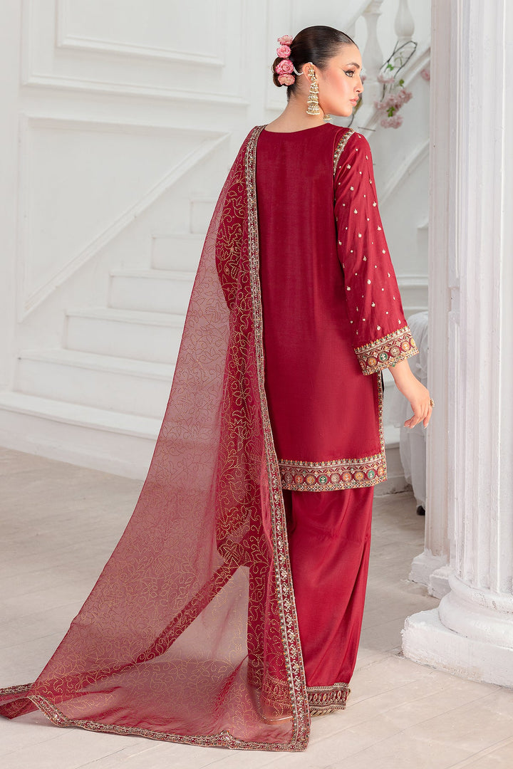Embroidered Raw Silk Maroon Stitched Suit - Charizma