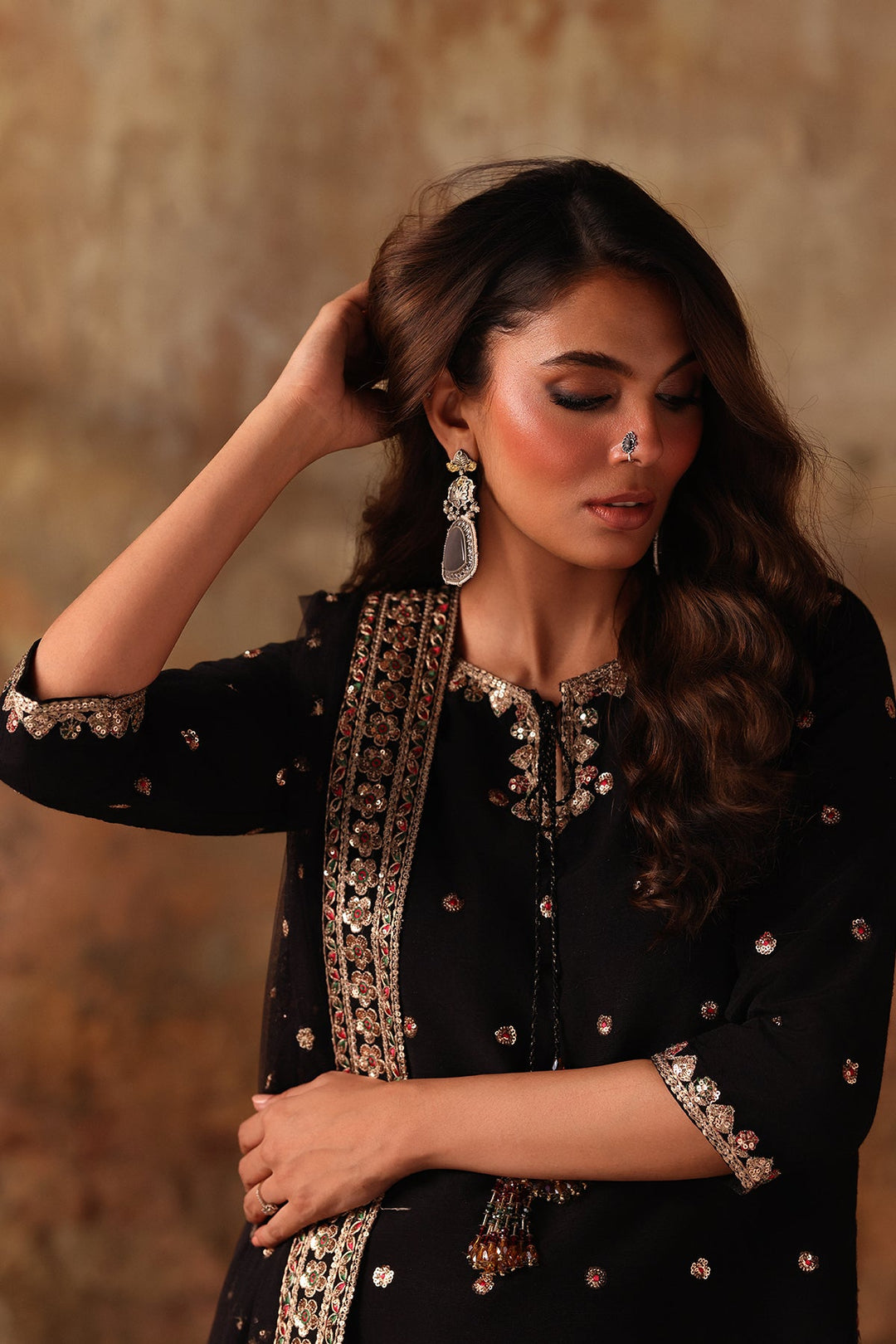 Embroidered Raw Silk Black Stitched Suit - Charizma