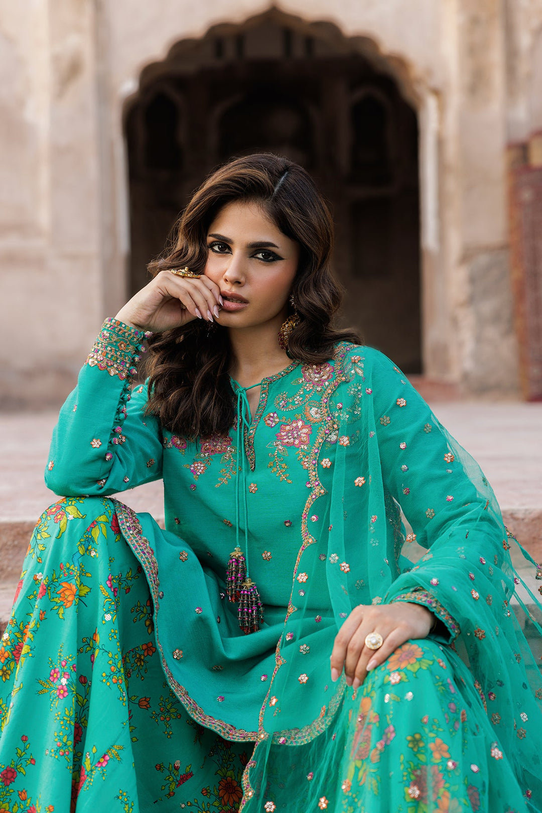 Embroidered Raw Silk Green Stitched Suit - Charizma
