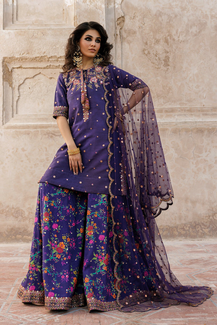 Embroidered Raw Silk Purple Stitched Suit - Charizma