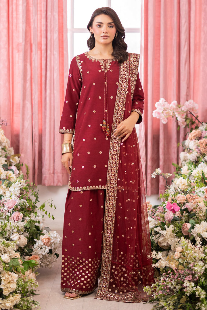 Embroidered Raw Silk Red Stitched Suit - Charizma