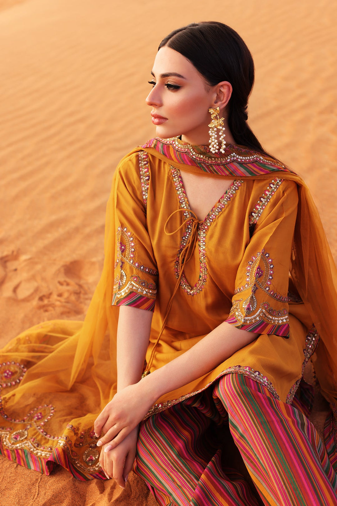 Embroidered Raw Silk Mustard Stitched Suit - Charizma
