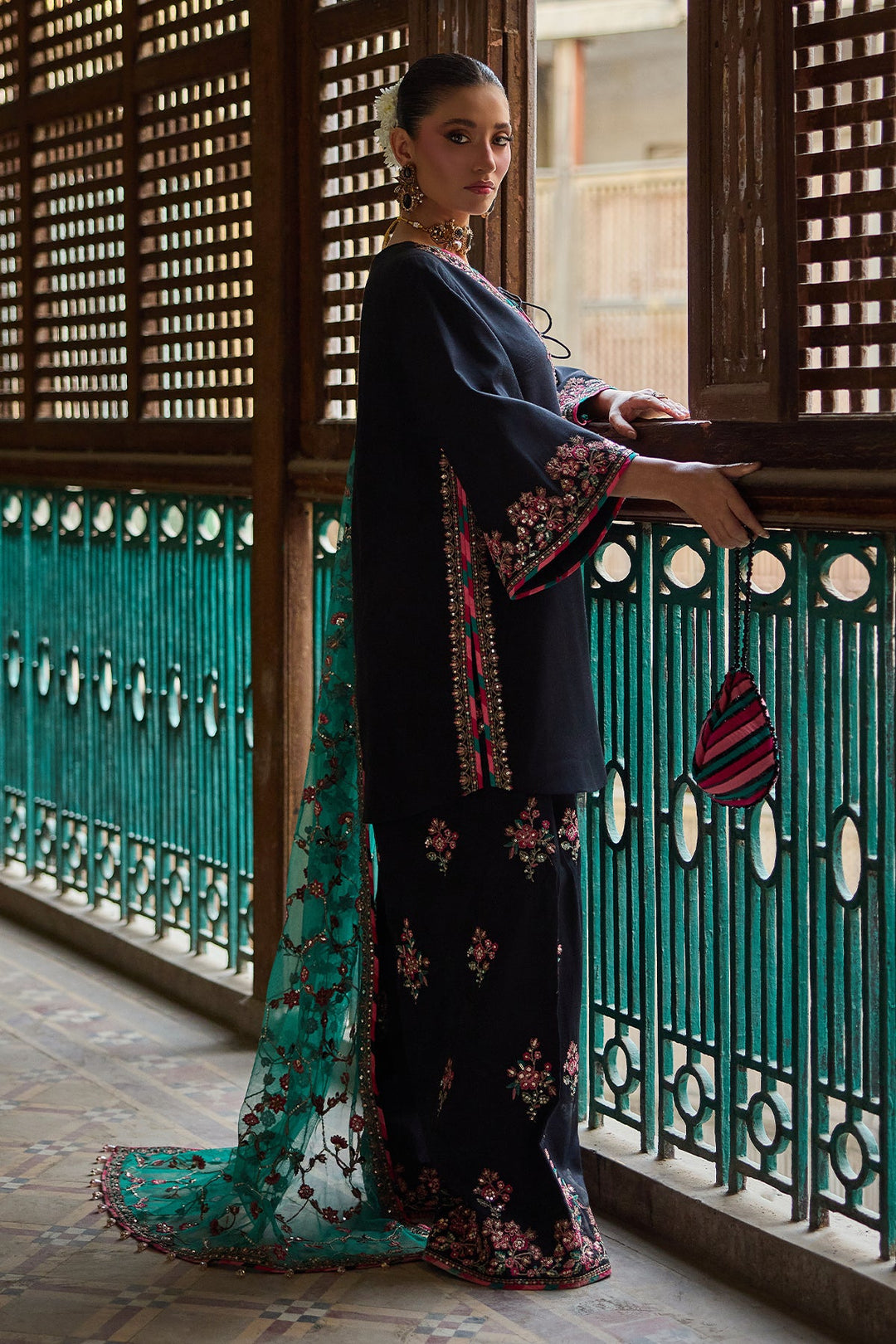 Embroidered Silk Black Stitched Suit - Charizma