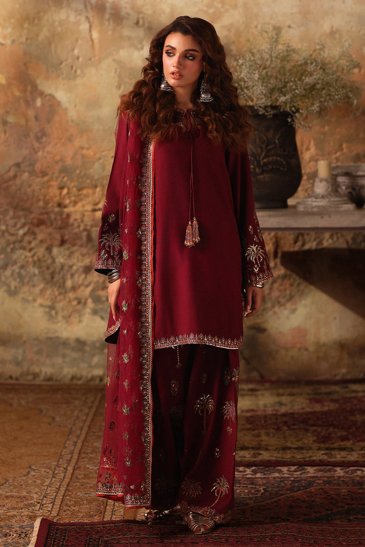 Embroidered Raw Silk Maroon Stitched Suit - Charizma