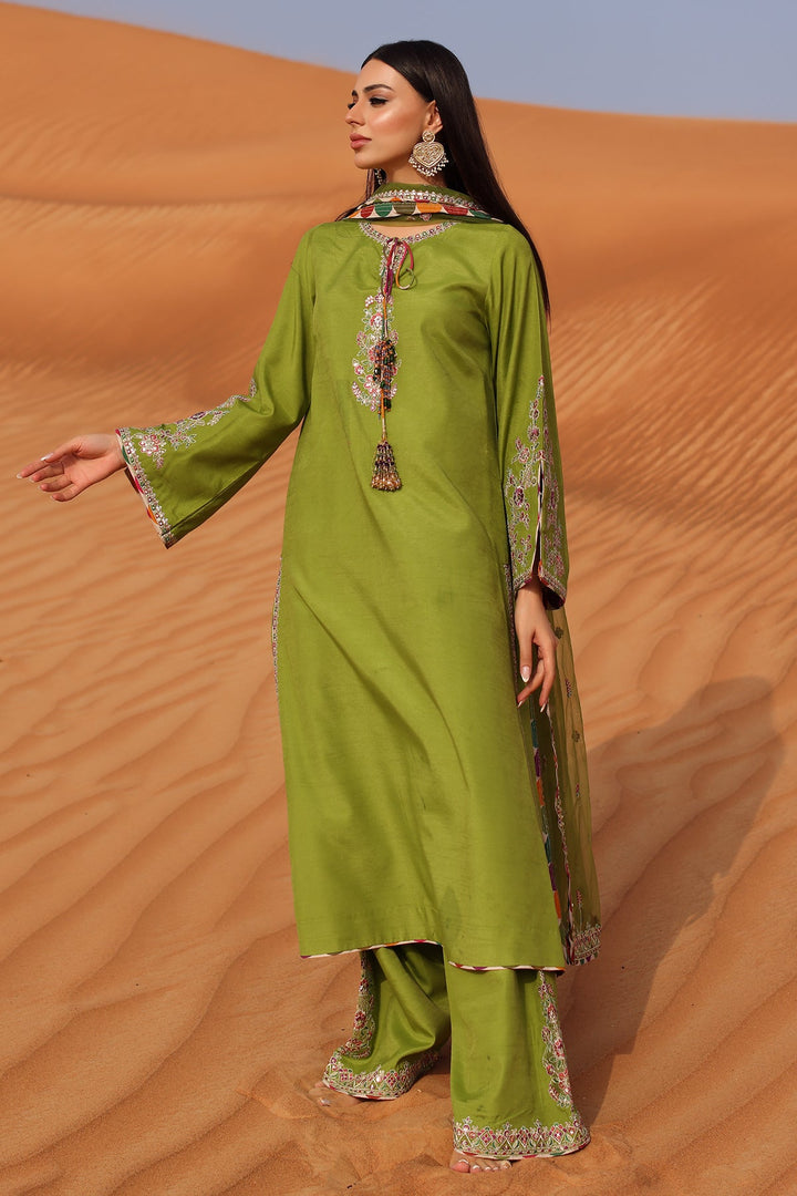 Embroidered Raw Silk Green Stitched Suit - Charizma