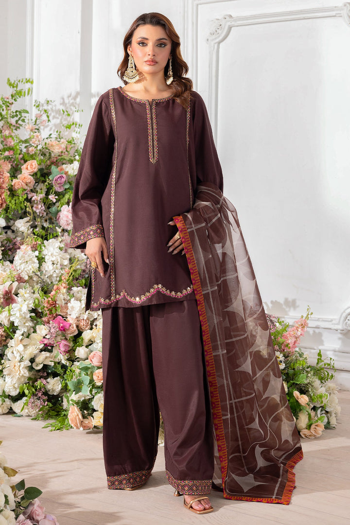 Embroidered Raw Silk Brown Stitched Suit - Charizma