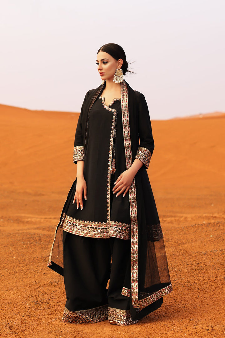 Embroidered Raw Silk Black Stitched Suit - Charizma