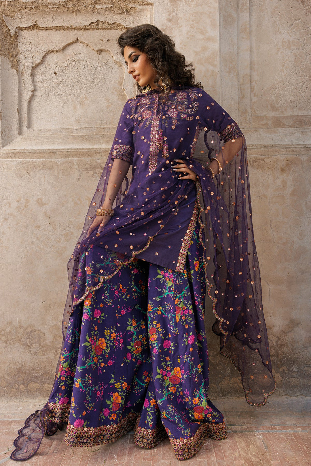 Embroidered Raw Silk Purple Stitched Suit - Charizma