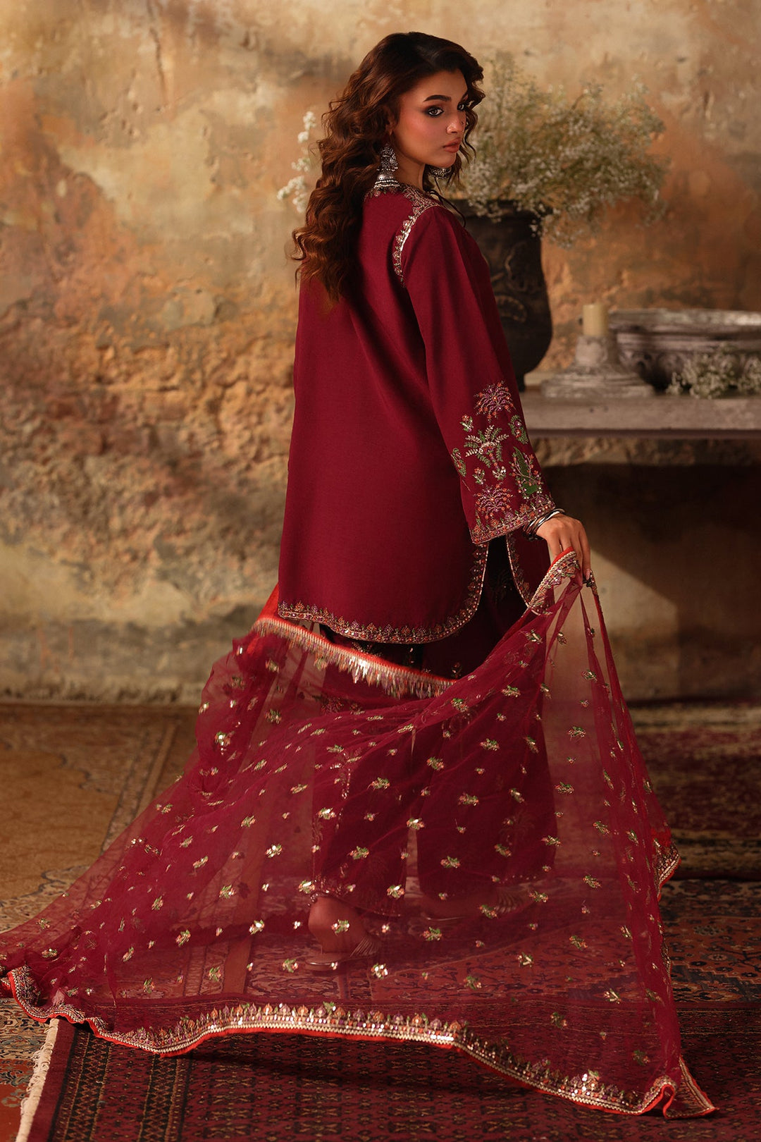 Embroidered Raw Silk Maroon Stitched Suit - Charizma