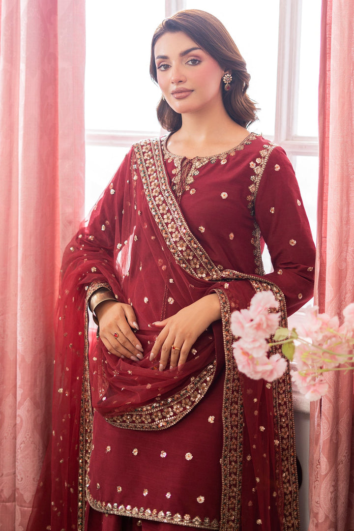 Embroidered Raw Silk Red Stitched Suit - Charizma