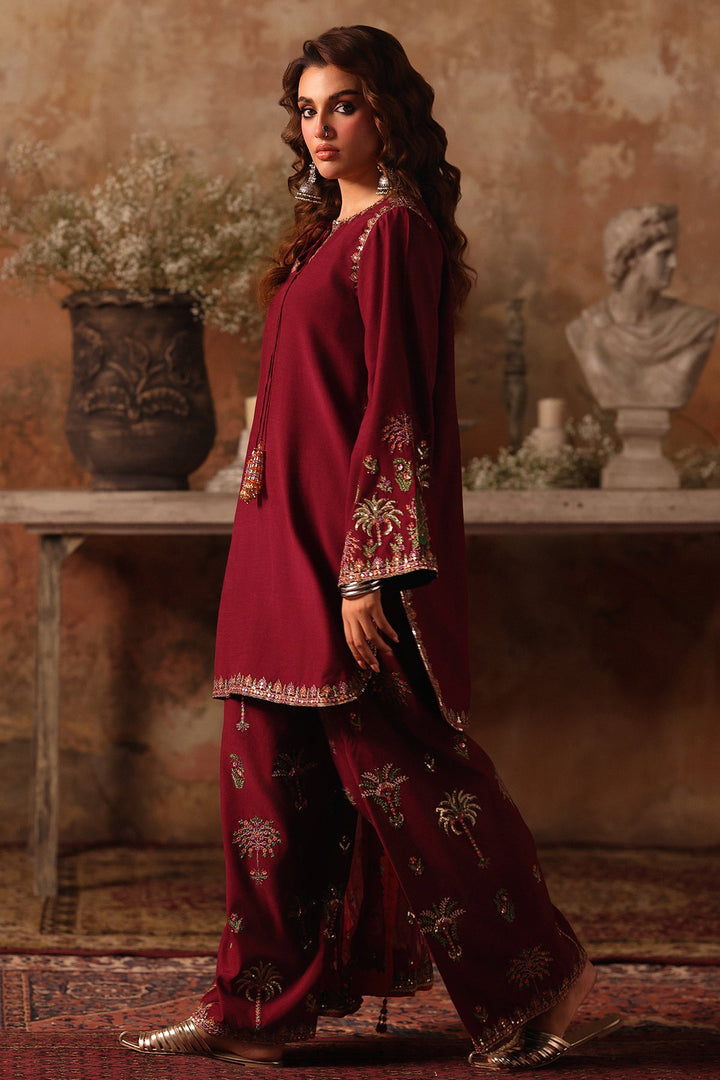Embroidered Raw Silk Maroon Stitched Suit - Charizma