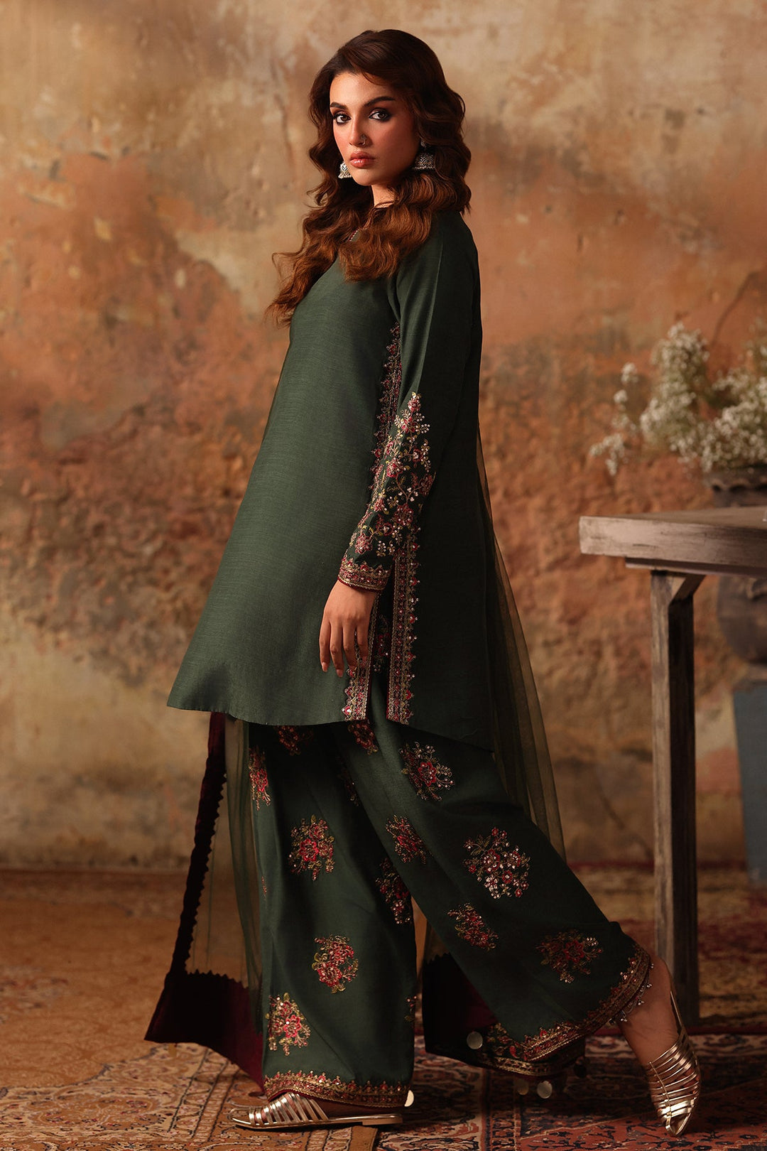 Embroidered Raw Silk Green Stitched Suit - Charizma