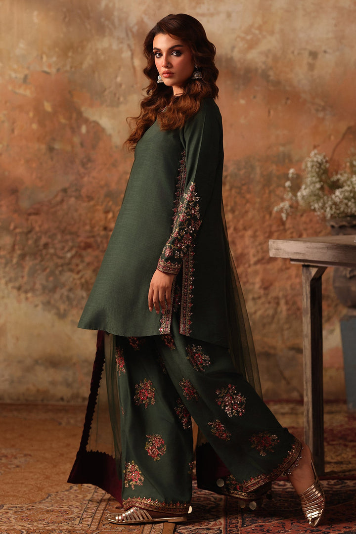 Embroidered Raw Silk Green Stitched Suit - Charizma
