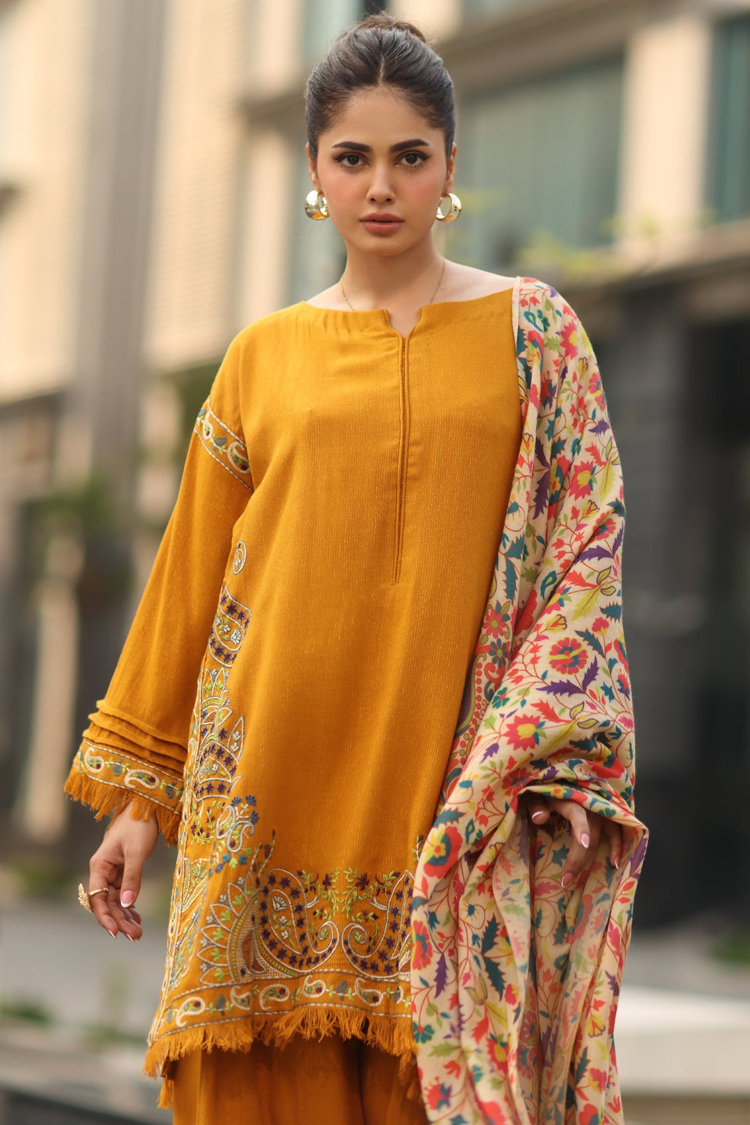 Embroidered Raw Silk Yellow Stitched Suit - Charizma